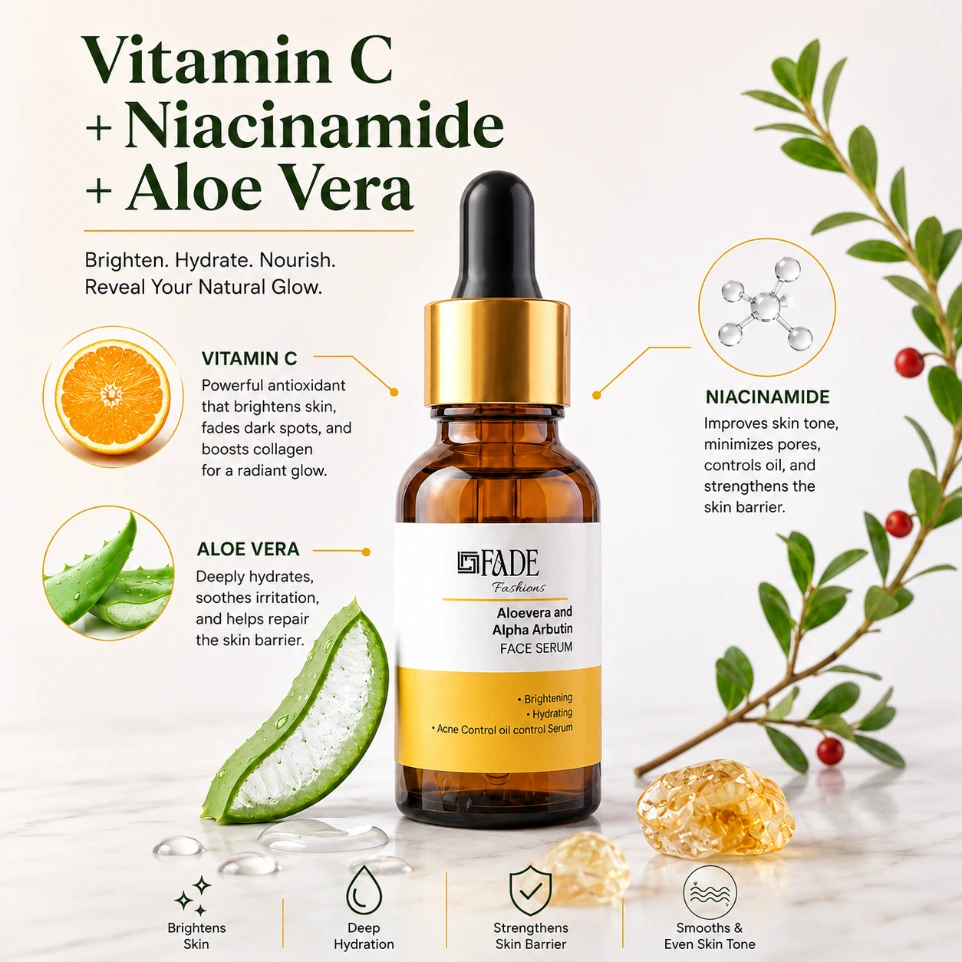 Fade Fashion Brightening Face Serum 15ml | 5% Niacinamide + 2% Alpha Arbutin + Vitamin C + Hyaluronic Acid | Helps Reduce Dark Spots, Acne Marks & Pigmentation | Hydrating Serum for Men & Women